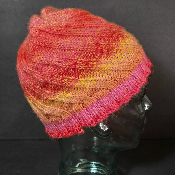 Handmade Knit Hat Pink & Orange Sunset Swirl Design Warm Winter Cap Wool Blend - Picture 3 of 7